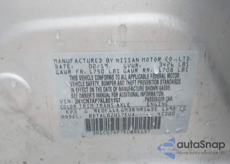 2019 Nissan Versa 1.6 Sv из США, поврежденный, VIN 3N1CN7AP7KL851157